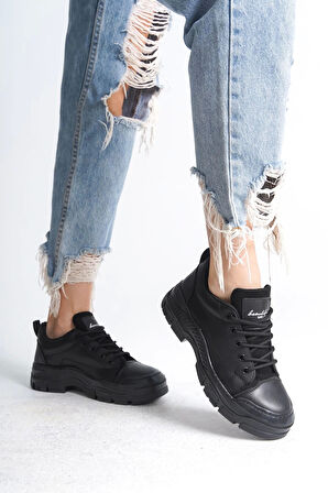 Jane Bağcıklı Ortopedik Taban Kadın Sneaker Spor Ayakkabı  St - Siyah