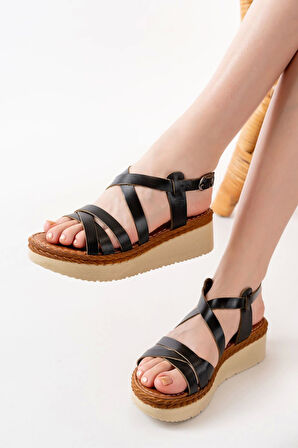 Siyah Ortopedik Hakiki Deri Dolgu Kadın Sandalet