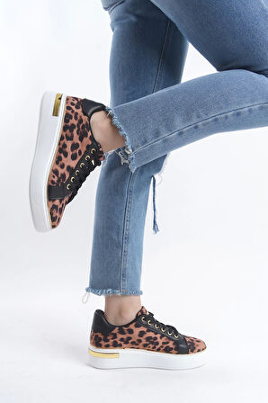 Mına Bağcıklı Ortopedik Taban Leopar Desenli Kadın Sneaker Spor Ayakkabı  Bt - Kahverengi