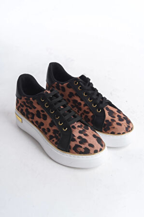 Mına Bağcıklı Ortopedik Taban Leopar Desenli Kadın Sneaker Spor Ayakkabı  Bt - Kahverengi