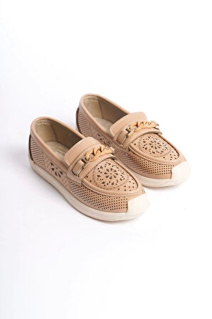 Lızy Bağcıksız Ortopedik Rahat Taban Çiçek Desenli Kadın Babet Ayakkabı Kt - Ten