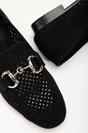 Siyah Süet Delikli Günlük Kadın Babet