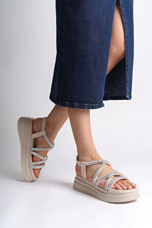 Elena Lastikli Taşlı Şeritli Ortopedik Taban Kadın Sandalet  Kt - Krem