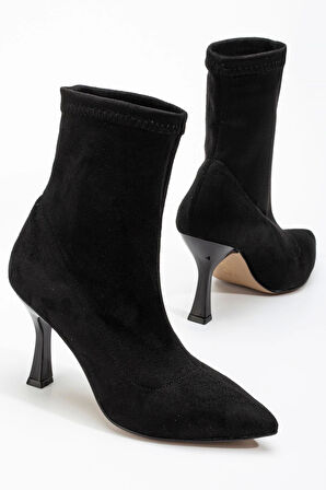 Siyah Süet Yüksek İnce Topuklu Streç Kadın Bot
