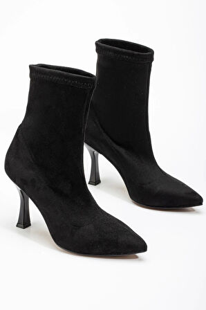 Siyah Süet Yüksek İnce Topuklu Streç Kadın Bot