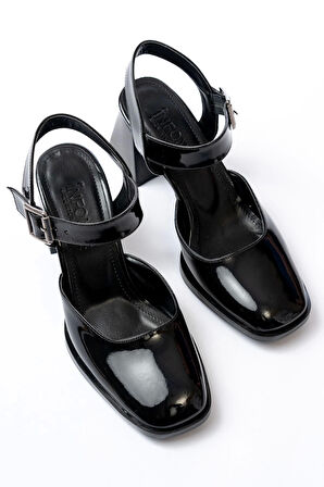 İNF-40450 Siyah Rugan Günlük Arkası Açık Topuklu Kadın Ayakkabı