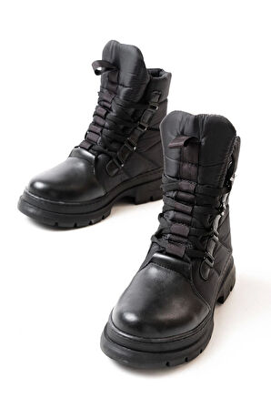 Siyah Bağcıklı Su Geçirmez Kadın Kar Botu