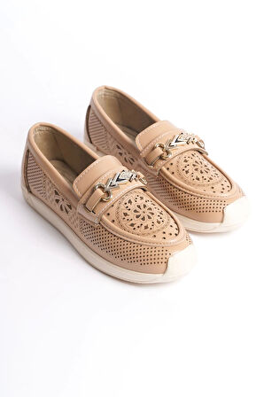 Lıly Bağcıksız Ortopedik Rahat Taban Çiçek Desenli Kadın Babet Ayakkabı  Kt - Ten