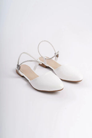 Arıana Lastikli Ortopedik Rahat Taban Bilekten Taş Detaylı Kadın Babet Ayakkabı  Kt - Beyaz