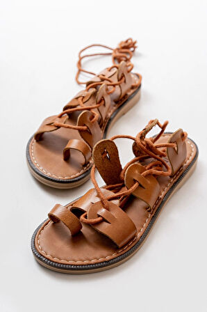 Taba Bilekten Bağlamalı Ortopedik Hakiki Deri Kadın Sandalet