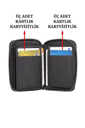 Hakiki Deri Fermuarlı Siyah Kartlık Cüzdan
