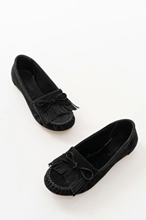 Siyah Süet Püsküllü Günlük Kadın Babet