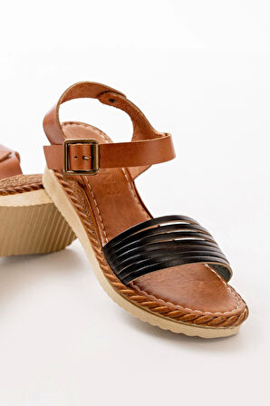 Siyah Ortopedik Hakiki Deri Dolgu Kadın Sandalet