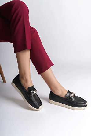 Lıly Bağcıksız Ortopedik Rahat Taban Çiçek Desenli Kadın Babet Ayakkabı  Kt - Siyah