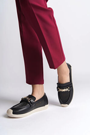 Lıly Bağcıksız Ortopedik Rahat Taban Çiçek Desenli Kadın Babet Ayakkabı  Kt - Siyah