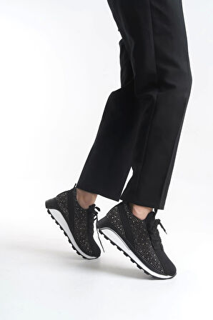 Alya Bağcıklı Ortopedik Taban Taşlı Kadın Sneaker Spor Ayakkabı Bt - Siyah