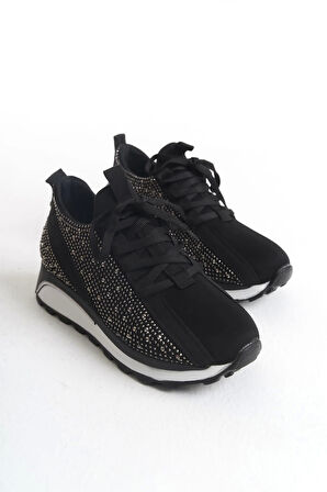 Alya Bağcıklı Ortopedik Taban Taşlı Kadın Sneaker Spor Ayakkabı Bt - Siyah