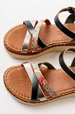 Siyah Multi Ortopedik Hakiki Deri Dolgu Kadın Sandalet