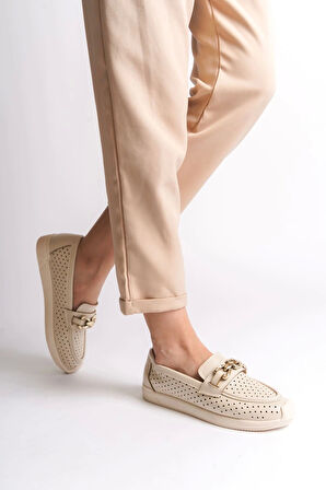 Layla Bağcıksız Ortopedik Rahat Taban Kalp Desenli Kadın Babet Ayakkabı Kt - Krem