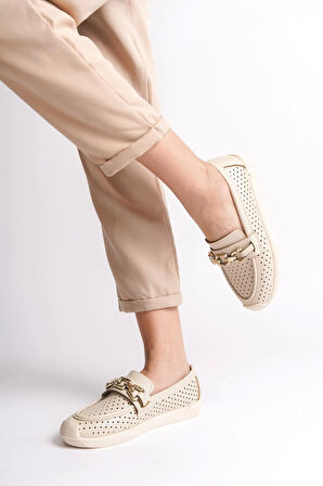 Layla Bağcıksız Ortopedik Rahat Taban Kalp Desenli Kadın Babet Ayakkabı Kt - Krem