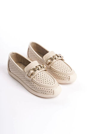 Layla Bağcıksız Ortopedik Rahat Taban Kalp Desenli Kadın Babet Ayakkabı Kt - Krem