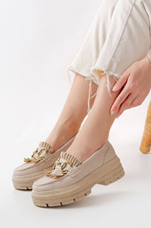 Bej Tokalı Günlük Yüksek Tabanlı Loafer Ayakkabı