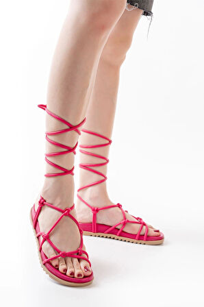 Fuşya Bilekten Bağcıklı Kadın Sandalet