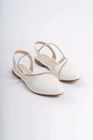 Hannah Lastikli Ortopedik Rahat Taban Taş Detaylı Kadın Babet Ayakkabı  Kt - Beyaz