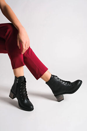 Dıana Bağcıklı Fermuarlı Ortopedik Taban Topuklukadın Bot St - Siyah