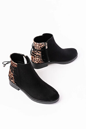 Siyah Leopar Arka Bağcık Aksesuarlı Fermuarlı Günlük Kadın Bot