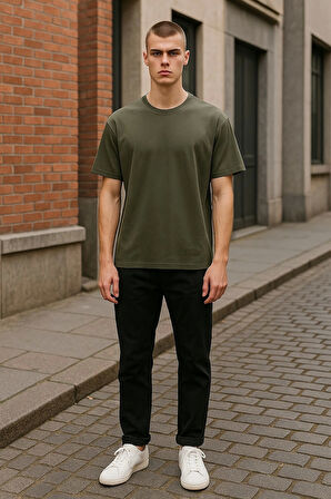 Regular Kalıp Kadın - Erkek Unisex Basic Tişört Haki