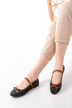 6321 Siyah Keten Günlük Baret Tokalı Kadın Babet