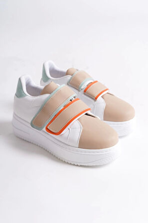 Valencıa Bağcıksız Cırt Cırtlı Ortopedik Taban Kadın Sneaker Spor Ayakkabı Bt - Beyaz/ten/mavi