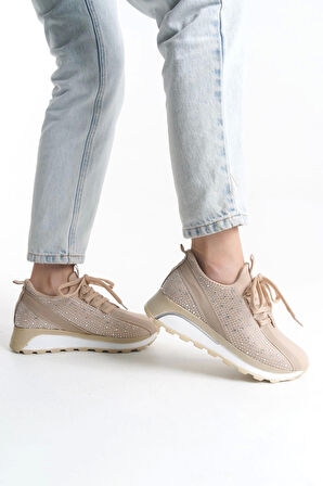 Alya Bağcıklı Ortopedik Taban Taşlı Kadın Sneaker Spor Ayakkabı Bt - Krem