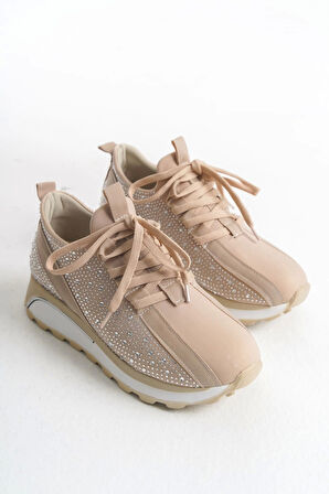 Alya Bağcıklı Ortopedik Taban Taşlı Kadın Sneaker Spor Ayakkabı Bt - Krem