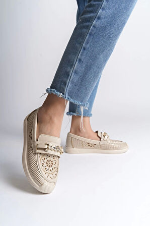 Lıly Bağcıksız Ortopedik Rahat Taban Çiçek Desenli Kadın Babet Ayakkabı Kt - Krem