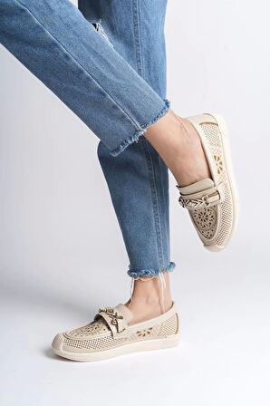 Lıly Bağcıksız Ortopedik Rahat Taban Çiçek Desenli Kadın Babet Ayakkabı Kt - Krem