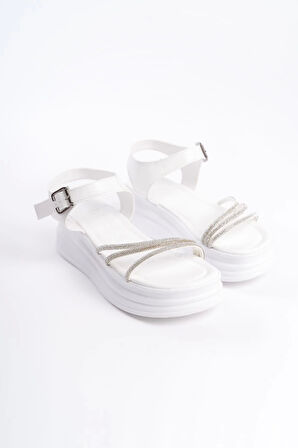 Eva Kalın Tokalı Taşlı Şeritli Ortopedik Taban Kadın Sandalet  Bt - Beyaz