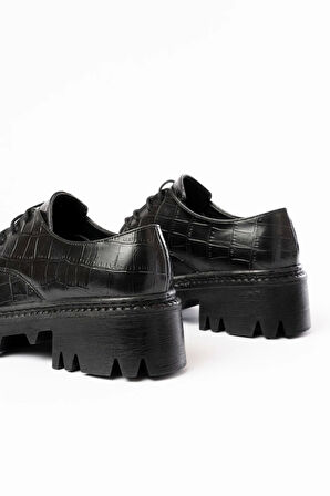 Siyah Kroko Bağcıklı Günlük Yüksek Tabanlı Loafer Ayakkabı