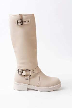 Bej Toka Aksesuarlı Fermuarlı Günlük Kadın Çizme