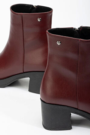 Bordo Fermuarlı Kalın Topuklu Günlük Kadın Bot