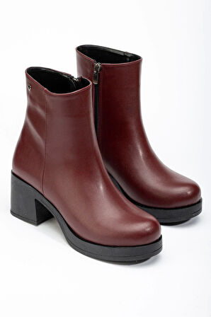 Bordo Fermuarlı Kalın Topuklu Günlük Kadın Bot