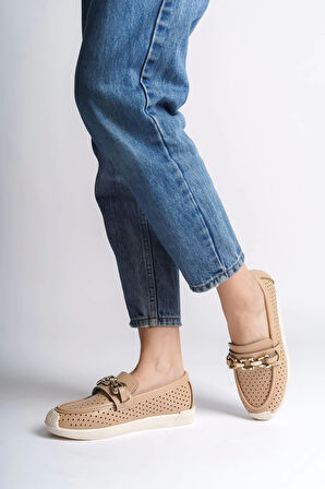 Layla Bağcıksız Ortopedik Rahat Taban Kalp Desenli Kadın Babet Ayakkabı Kt - Ten