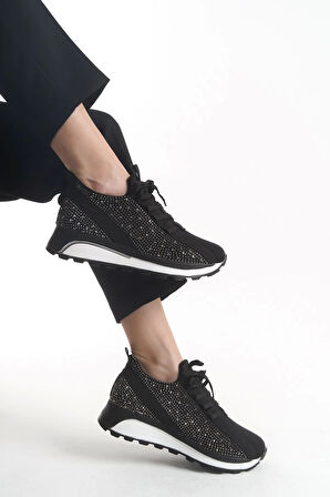 Alya Bağcıklı Ortopedik Taban Taşlı Kadın Sneaker Spor Ayakkabı Bt - Siyah