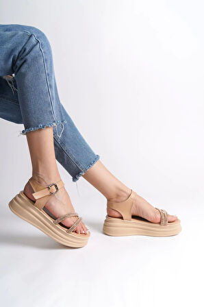 Zlohe Kalın Tokalı Taşlı Şeritli Ortopedik Taban Kadın Sandalet Tt - Ten