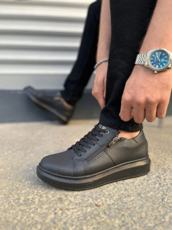 Tb155 Warrior Bağcıklı Ve Fermuarlı Cilt Erkek Günlük Sneaker Ayakkabı Cst - Siyah