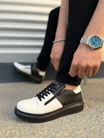 Tb155 Warrior Bağcıklı Ve Fermuarlı Cilt Erkek Günlük Sneaker Ayakkabı Cst - Siyah/beyaz