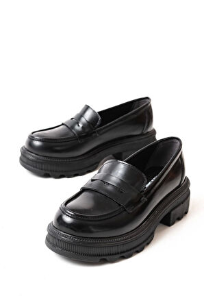 Siyah Rugan Günlük Yüksek Tabanlı Loafer Ayakkabı