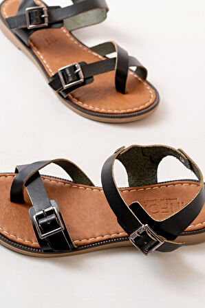 Siyah Ortopedik Hakiki Deri Kadın Sandalet