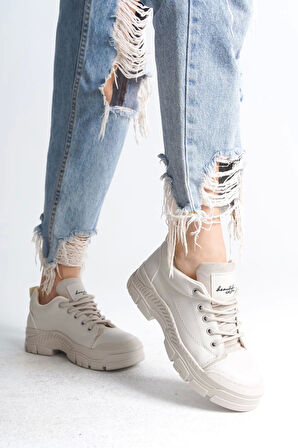 Jane Bağcıklı Ortopedik Taban Kadın Sneaker Spor Ayakkabı  Kt - Krem
